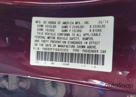 2014 Honda Accord Lx from USA, damaged, VIN 1HGCR2F31EA220203
